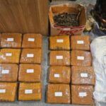 Homem preso no estacionamento Alfamart Kebon Jeruk, oeste de Jacarta, aparentemente armazenando 18 kg de maconha