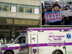 Hospital de Nova York interrompe permanentemente programa de tratamento de transgêneros para crianças após ameaça de Trump de retirar financiamento Edifício Langone Health da NYU com uma ambulância passando.