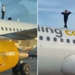Um homem está na asa de um Airbus A320 da Vueling depois de entrar furtivamente na pista.