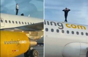 Idiota sobe no teto de avião de passageiros e se recusa a descer por 10 minutos Um homem está na asa de um Airbus A320 da Vueling depois de entrar furtivamente na pista.