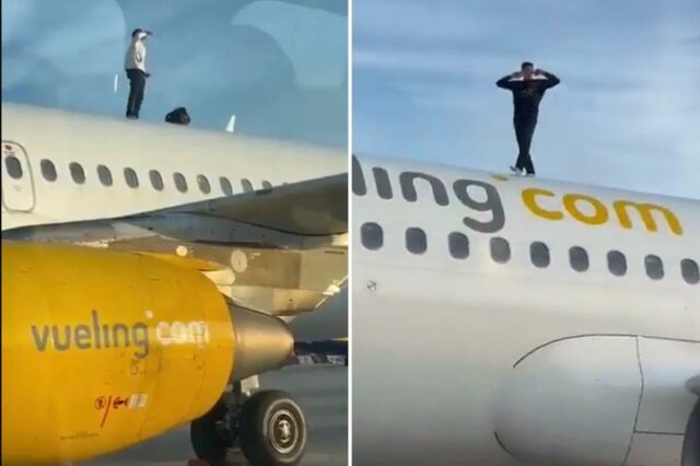 Um homem está na asa de um Airbus A320 da Vueling depois de entrar furtivamente na pista.