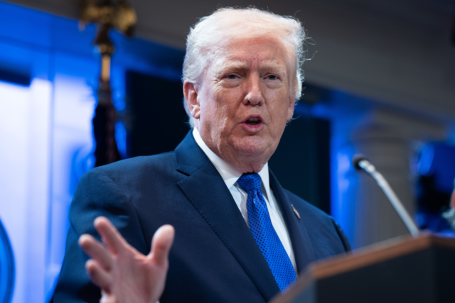 Donald Trump answers questions during a press briefing held at the White House February 20, 2026 in Washington, DC.