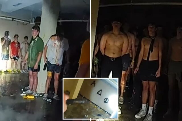 Imagens perturbadoras de câmera corporal viral capturam dezenas de candidatos sem camisa e vendados da Universidade de Iowa, cobertos de comida no porão de uma fraternidade
