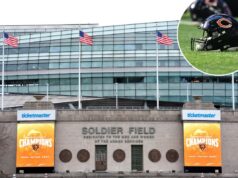 Indiana faz grande movimento para que Bears se mudem para o estado Capacete do Chicago Bears em um campo verde.