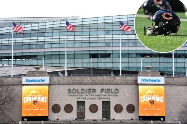 Indiana faz grande movimento para que Bears se mudem para Capacete do Chicago Bears em um campo verde.