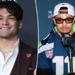 O wide receiver do Los Angeles Rams, Puka Nacua, reage durante o aquecimento.