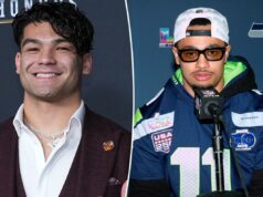 Jaxon Smith-Njigba eleito o Jogador Ofensivo do Ano da NFL, derrotando a estrela do Rams, Puka Nacua O wide receiver do Los Angeles Rams, Puka Nacua, reage durante o aquecimento.