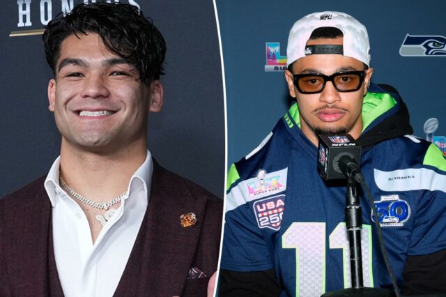 O wide receiver do Los Angeles Rams, Puka Nacua, reage durante o aquecimento.