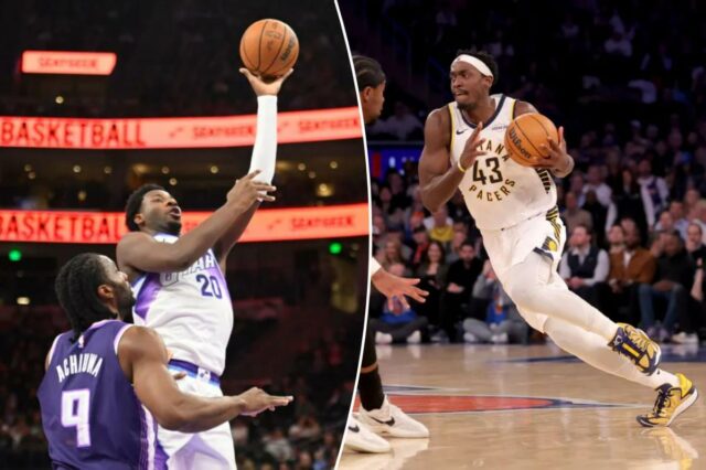 Jaren Jackson Jr., do Utah Jazz, arremessa uma cesta sobre Precious Achiuwa, do Sacramento Kings.