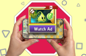 Joguei 50 jogos terríveis para encontrar a única maneira de fazer os anúncios para celular funcionarem Mascote do Android olhando através de uma lupa atrás de um grande e colorido logotipo 3D da Google Play Store.