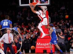 John’s consegue vitória no OT sobre Xavier para aumentar a seqüência de vitórias para 10 e a histórica vitória de Rick Pitino O jogador do St. John's Red Storm, Bryce Hopkins #23, bate a bola no aro.