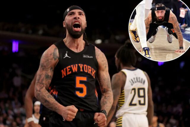 Jose Alvarado comemora depois de marcar um gol no quarto período da vitória dos Knicks por 137-134 OT sobre os Pacers em 10 de fevereiro de 2026 no Madison Square Garden.