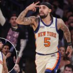 Jose Alvarado comemora depois de acertar uma cesta de 3 pontos durante a vitória de retorno dos Knicks por 108-106 sobre os Rockets em 21 de fevereiro de 2026 no Garden.