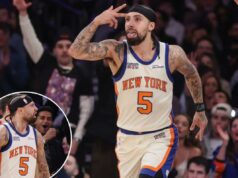 Jose Alvarado provoca retorno dos Knicks e ouve gritos da multidão Jose Alvarado comemora depois de acertar uma cesta de 3 pontos durante a vitória de retorno dos Knicks por 108-106 sobre os Rockets em 21 de fevereiro de 2026 no Garden.