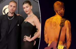 Justin Bieber estreia tatuagem nas costas – aparentemente da esposa Hailey – no Grammy de 2026 Justin Bieber estreia tatuagem nas costas – aparentemente da esposa Hailey – no Grammy de 2026