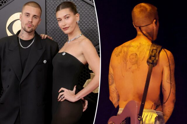 Justin Bieber estreia tatuagem nas costas – aparentemente da esposa Justin Bieber estreia tatuagem nas costas – aparentemente da esposa Hailey – no Grammy de 2026