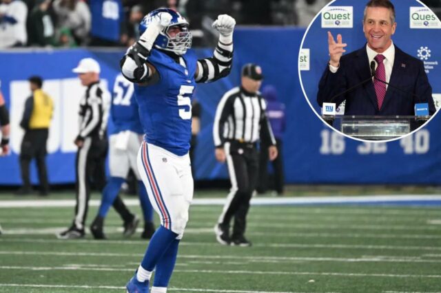 O linebacker do Giants, Kayvon Thibodeaux (5), reage após uma recuperação de fumble durante o quarto período do jogo Giants e Philadelphia Eagles em East Rutherford, NJ.