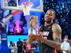 Keshad Johnson vence o concurso NBA Slam Dunk de 2026; Jaxson Hayes perde por pouco as finais Keshad Johnson, atacante do Miami, segura o troféu do Slam Dunk Contest