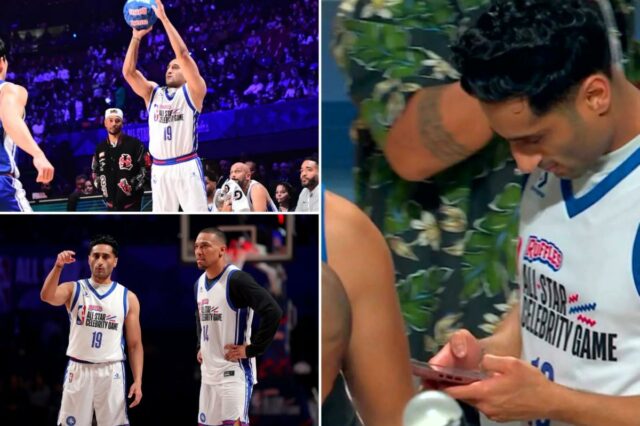 Shams Charania # 19 chuta a bola durante o jogo contra o Team Anderson durante o Ruffles NBA All-Star Celebrity Game na sexta-feira, 13 de fevereiro de 2026, no Kia Forum em Los Angeles, Califórnia.