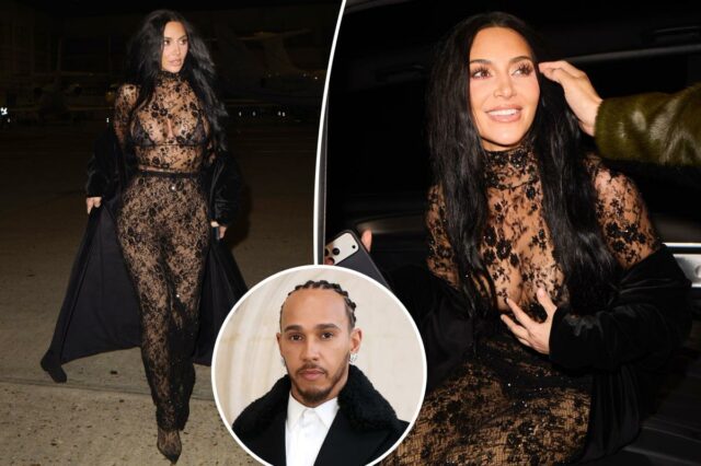 Kim Kardashian veste um macacão de renda totalmente transparente para Kim Kardashian veste um macacão de renda totalmente transparente para um encontro secreto com Lewis Hamilton