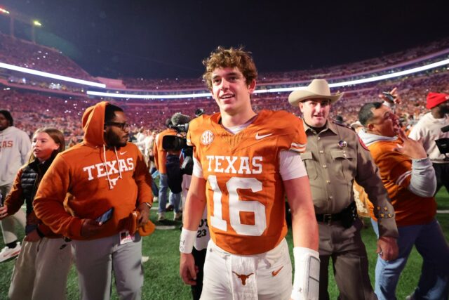 AUSTIN, TEXAS - NOVEMBER 28: Arch Manning #16 of the Texas Longhorns walks off the field after beating the Texas A&M Aggies 27-17 at Darrell K Royal-Texas Memorial Stadium on November 28, 2025 in Austin, Texas. (Photo by Alex Slitz/Getty Images)