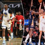 Jonathan Kuminga nº 1 do Golden State Warriors dribla a bola durante o jogo contra o Toronto Raptors em 20 de janeiro de 2026 no Chase Center em San Francisco, Califórnia.