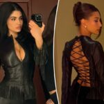 Kylie Jenner leva a jaqueta de couro sem costas com cordões de Hailey Bieber para dar uma volta