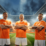 As lendas do futebol italiano Totti, Baggio e Cannavaro lideram a campanha de marketing da Betsson Sport para o impulso de 2026. Três jogadores de futebol vestindo camisetas laranja da Betsson Sport estão com os braços cruzados em um campo de estádio bem iluminado, com uma multidão lotada e um dramático céu noturno ao fundo.