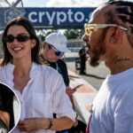 Kendall Jenner e Lewis Hamilton no Autódromo Internacional de Miami.