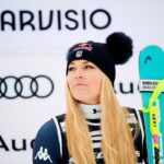 Lindsey Vonn of Team United States celebrate 2nd place on the podium after Audi FIS Alpine Ski World Cup Women's Super G at Prampero Slope Monte Lussari on January 18, 2026 in Tarvisio, Italy.