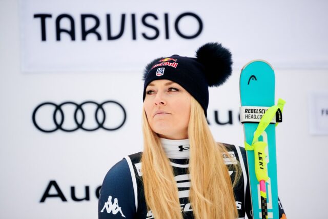 Lindsey Vonn of Team United States celebrate 2nd place on the podium after Audi FIS Alpine Ski World Cup Women's Super G at Prampero Slope Monte Lussari on January 18, 2026 in Tarvisio, Italy.