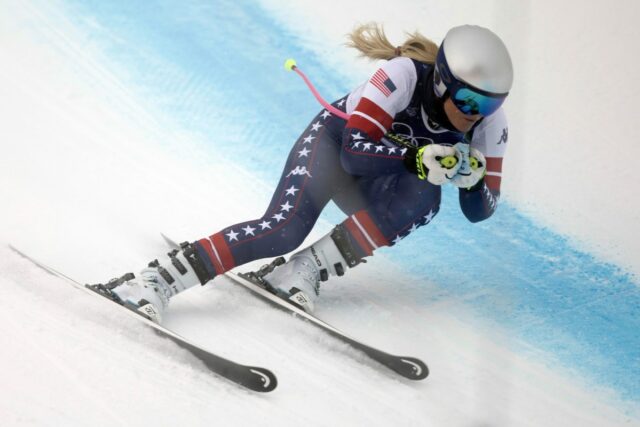 CORTINA D'AMPEZZO, ITALY - FEBRUARY 7: Lindsey Vonn of Team United States in action skis during the Women's Downhill training 3 on day one of the Milano Cortina 2026 Winter Olympics at Tofane Alpine Skiing Centre on February 7, 2026 in Cortina d'Ampezzo, Italy. (Photo by Christophe Pallot/Agence Zoom/Getty Images)