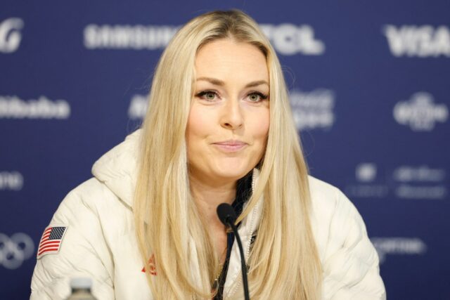 Team USA skier Lindsey Vonn at a 2026 Winter Olympics press conference