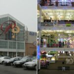 Exterior do Palisades Center Mall com lojas como Dave & Buster's, Staples, Old Navy e NYSC, com estacionamento cheio de carros.