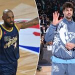 LeBron James, do Los Angeles Lakers, comemora após o segundo jogo durante o 75º NBA All Star Game no Intuit Dome.