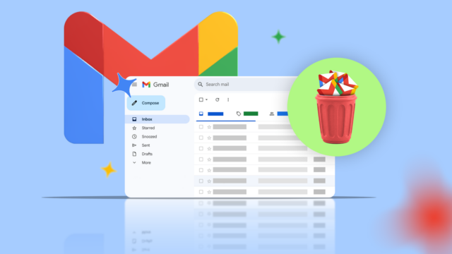 Ilustração do ícone do Gmail centralizado em um fundo colorido, com vários ícones do Google Tasks empilhados no lado esquerdo, um deles sobreposto ao logotipo do Gmail.