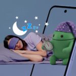 Uma mulher dormindo na cama ao lado do logotipo do Google Home