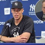 Aaron Judge fala aos repórteres no treinamento de primavera dos Yankees em 16 de fevereiro de 2026.