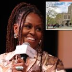 Michelle Obama sorri enquanto fala ao microfone.