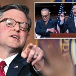 O presidente da Câmara dos EUA, Mike Johnson, dirige-se aos repórteres em uma entrevista coletiva com a liderança republicana da Câmara no Capitólio dos EUA.