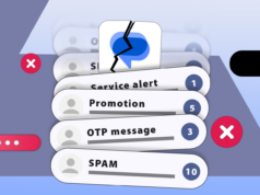 Minha caixa de entrada do Mensagens do Google estava fora de controle. Veja como eu consertei Mulher sorridente usando um smartphone, cercada por ícones do Mensagens do Google e rótulos de recursos, em um fundo com tema azul.