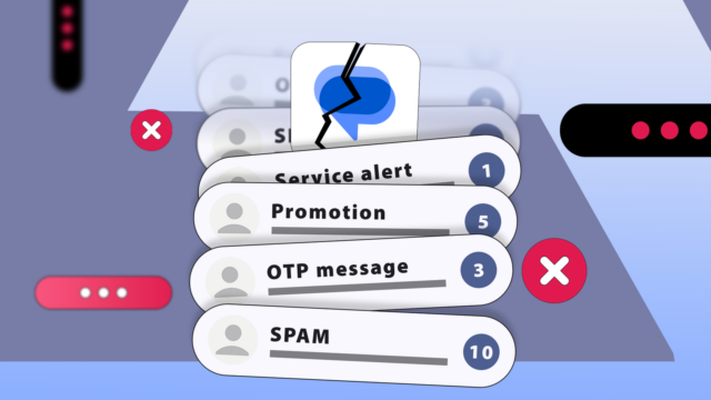 Mulher sorridente usando um smartphone, cercada por ícones do Mensagens do Google e rótulos de recursos, em um fundo com tema azul.