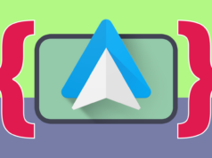 Minha configuração definitiva do Android Auto para uma direção sem distrações Um carro azul dirigindo em direção a um logotipo do Android Auto rachado, com sinais de alerta vermelhos ao redor.