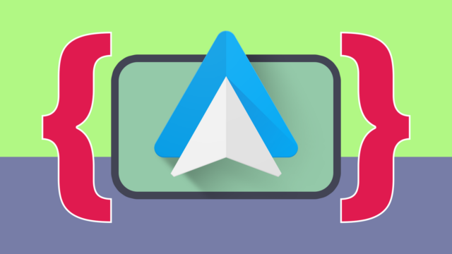 Um carro azul dirigindo em direção a um logotipo do Android Auto rachado, com sinais de alerta vermelhos ao redor.