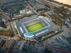 NYCFC planeja mudança para novo estádio Queens de US$ 780 milhões para o verão de 2027 Ilustração de uma vista aérea do Etihad Park Stadium e dos edifícios circundantes da cidade.