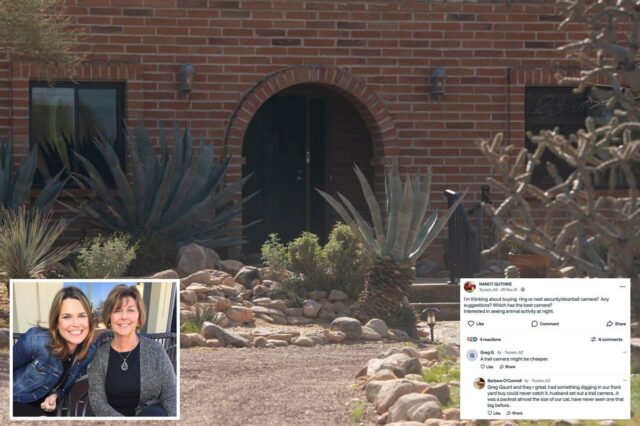 Postagem ao lado de Nancy Guthrie pedindo recomendações de câmeras de segurança/campainha para observar atividades noturnas de animais, com comentários sugerindo câmeras de trilha.