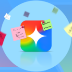 Ilustração de uma caixa azul chamada NotebookLM com ícones representando e-mails, notas e bate-papos flutuando