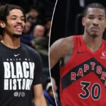 O novo Net Josh Minott fica todo sorriso durante o aquecimento. Ele não jogou na vitória do Brooklyn por 127-113 sobre o Wizards em 7 de fevereiro de 2026 no Barclays Center.