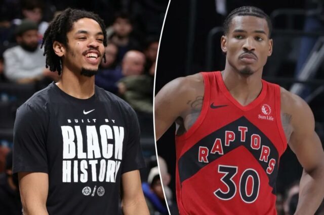 O novo Net Josh Minott fica todo sorriso durante o aquecimento. Ele não jogou na vitória do Brooklyn por 127-113 sobre o Wizards em 7 de fevereiro de 2026 no Barclays Center. 