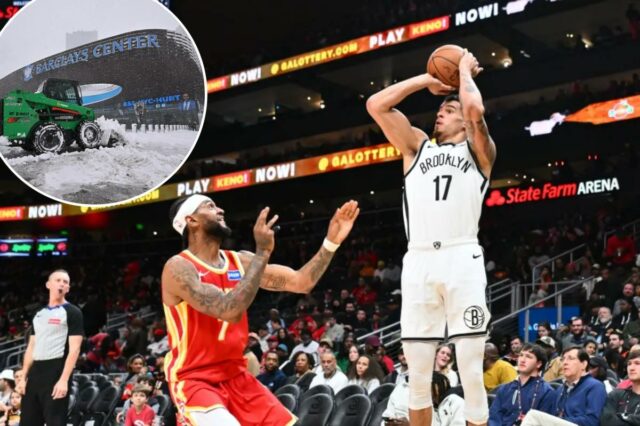 Nets forçados a treinar em Atlanta com planos de viagem Egor Demin, do Brooklyn Nets, vai até a cesta contra o Atlanta Hawks.